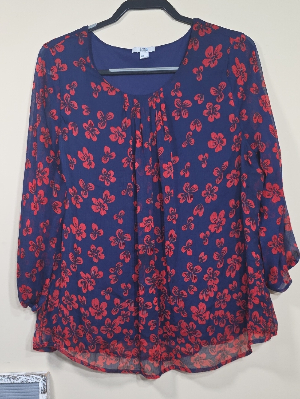 Croft & Barrow Navy Floral Blouse XL | Red Floral Sheer Lightweight 3/4 Sleeve